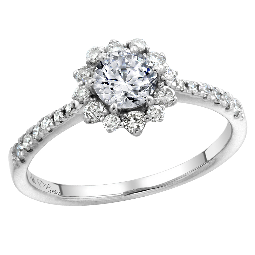 14k White Gold Diamond Halo Enhanced Genuine Ruby Engagement Ring Round Brilliant cut 6mm, size 5-10