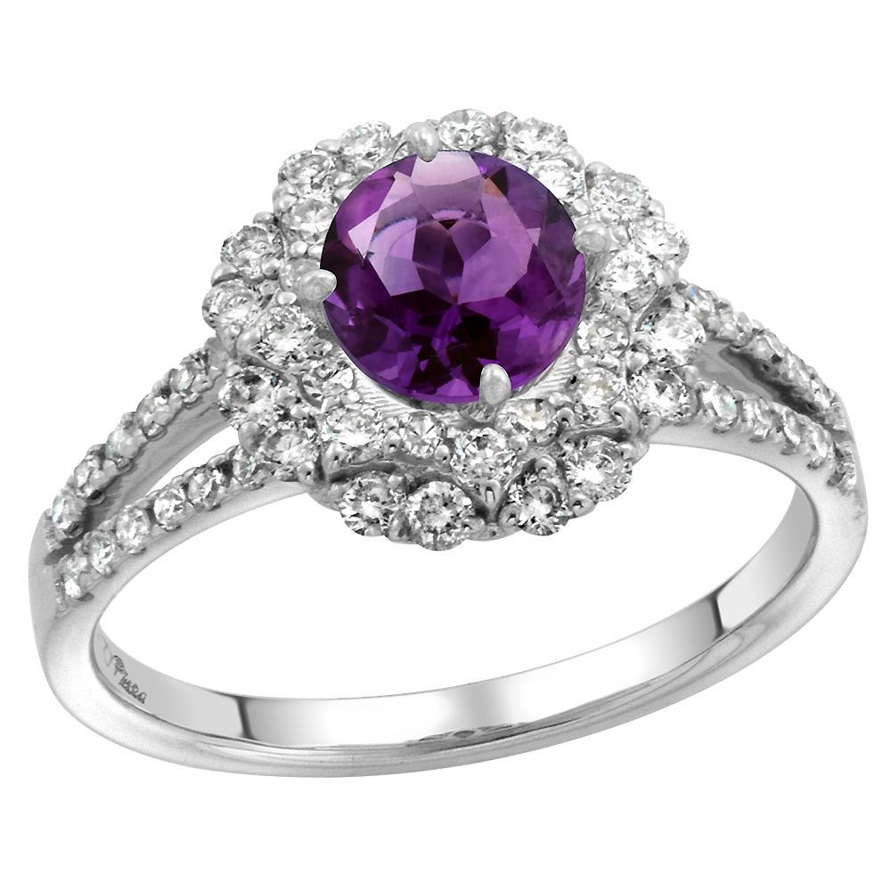 14k White Gold Diamond Halo Enhanced Genuine Ruby Engagement Ring Round Brilliant cut 7mm, size 5-10