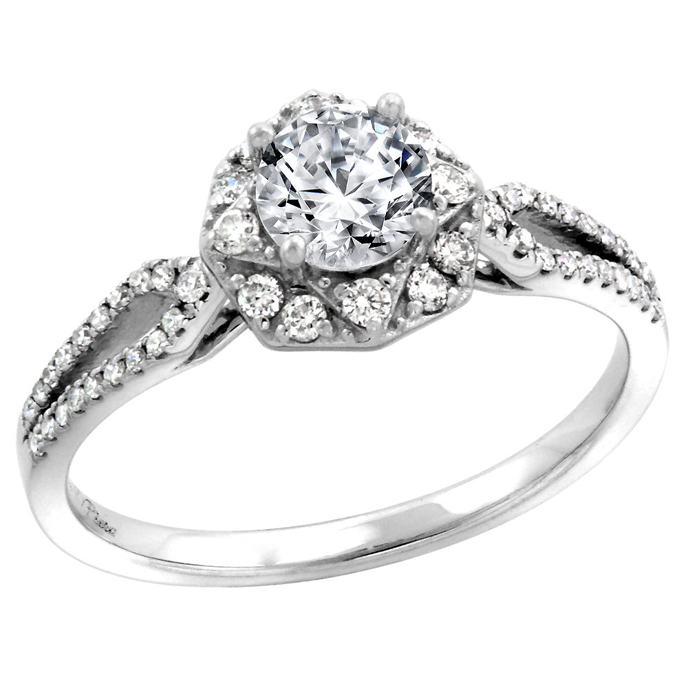 14k White Gold Diamond Halo Pink Topaz Engagement Ring Split Shank Round Brilliant cut 5mm, size 5-10