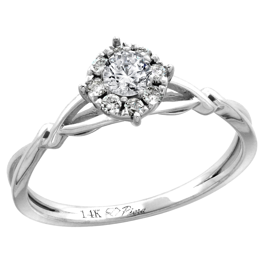 14k White Gold Diamond Halo Genuine Swiss Blue Topaz Engagement Ring Round Brilliant cut 4mm, size 5-10