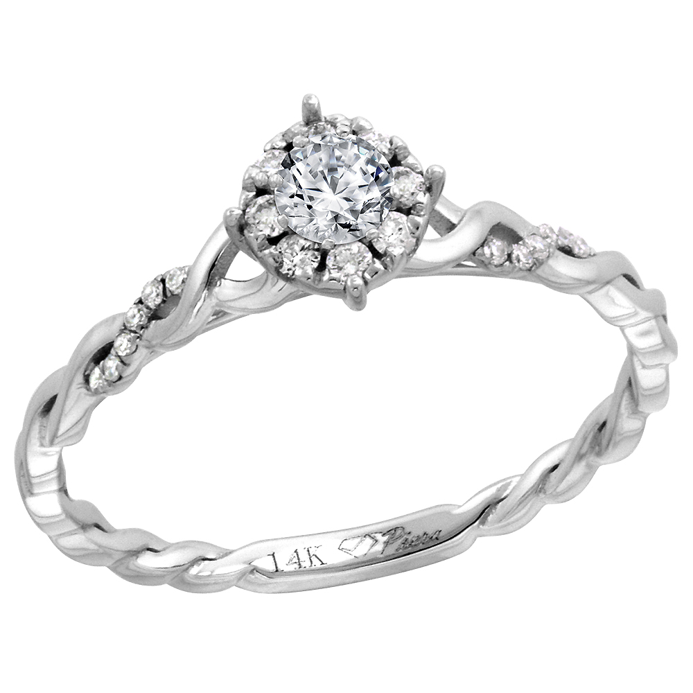 14k White Gold Diamond Halo Mystic Topaz Solitaire Engagement Ring Round Brilliant cut 4mm, size 5-10