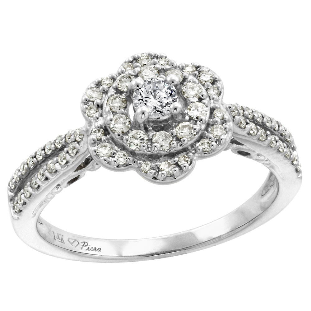 14K White Gold Genuine Diamond &amp; Color Gem Flower Halo Engagement Ring Round Brilliant cut 3mm, size 5-10