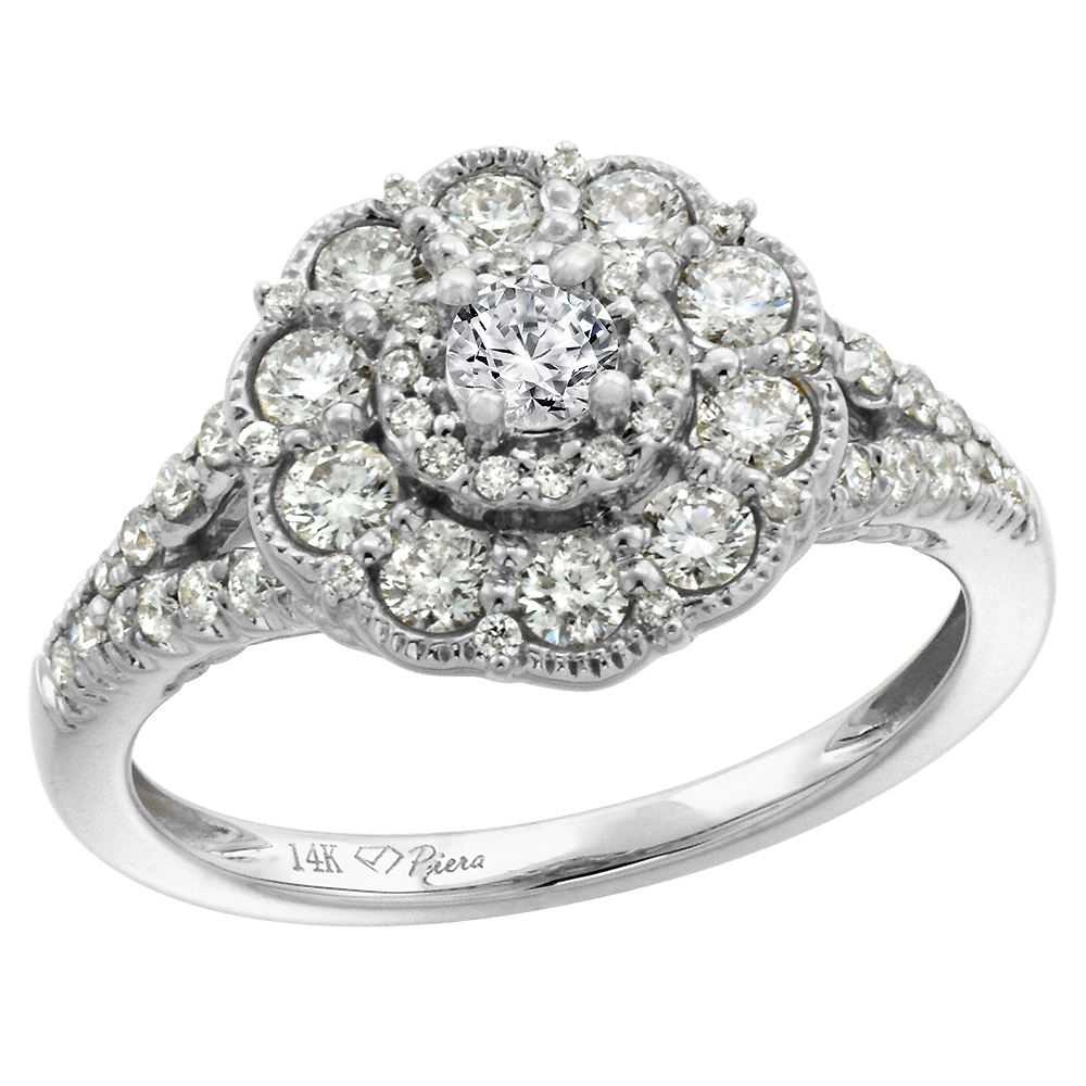 14k White Gold Genuine Diamond & Color Gem Flower Halo Engagement Ring Round Brilliant cut 3mm, size 5-10