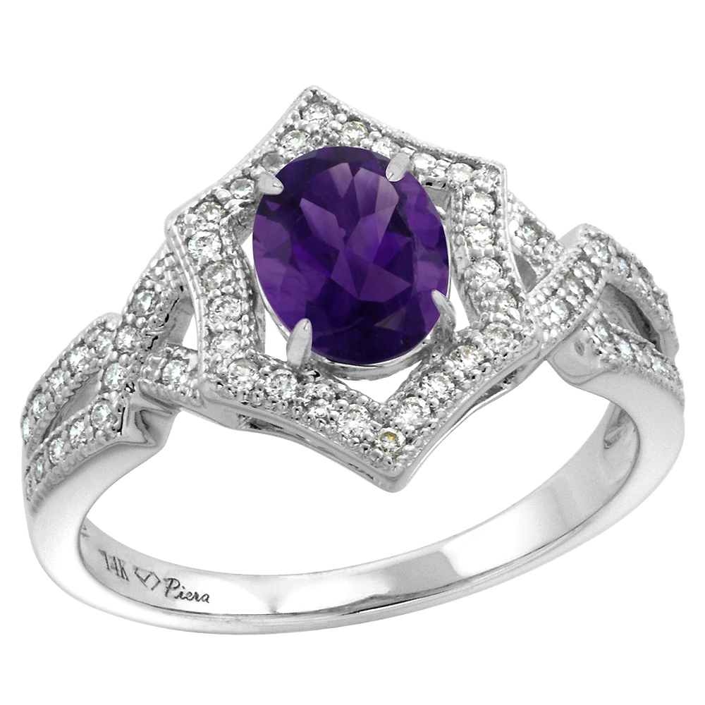 14k White Gold Genuine Diamond Halo &amp; Color Gem Engagement Ring Hexagonal Oval 8x6 mm, size 5-10