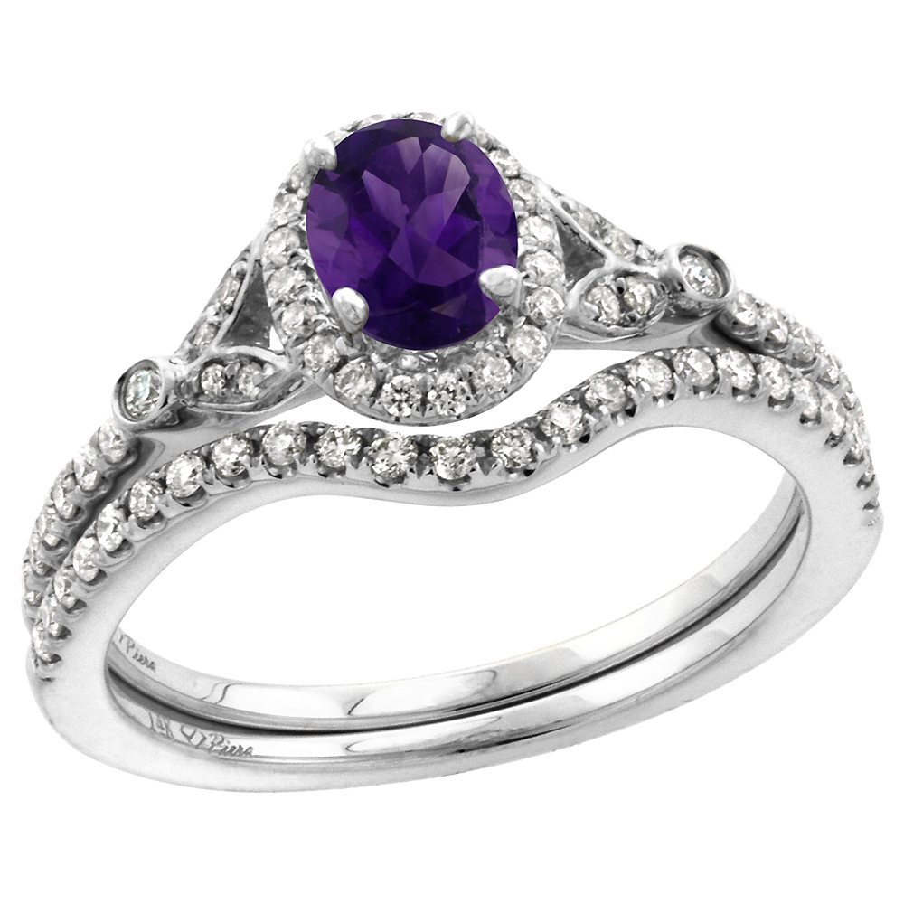 14k White Gold Diamond 0.45 cttw & Color Gem Halo Engagement Ring Set 2 Piece Oval 7x5mm, size 5-10