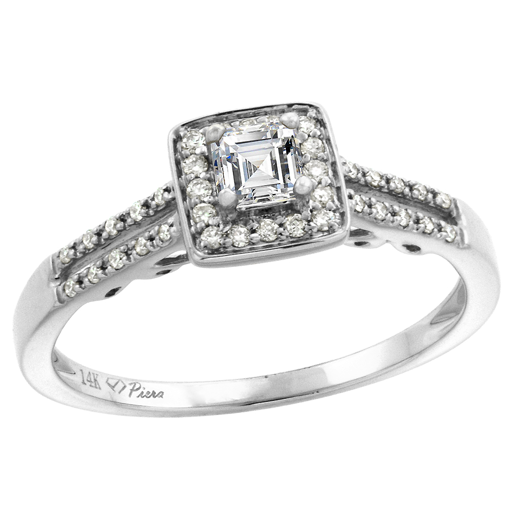 14k White Gold Genuine Diamond Halo &amp; Color Gem Engagement Ring Split Shank Princess cut 4x4mm, size 5-10