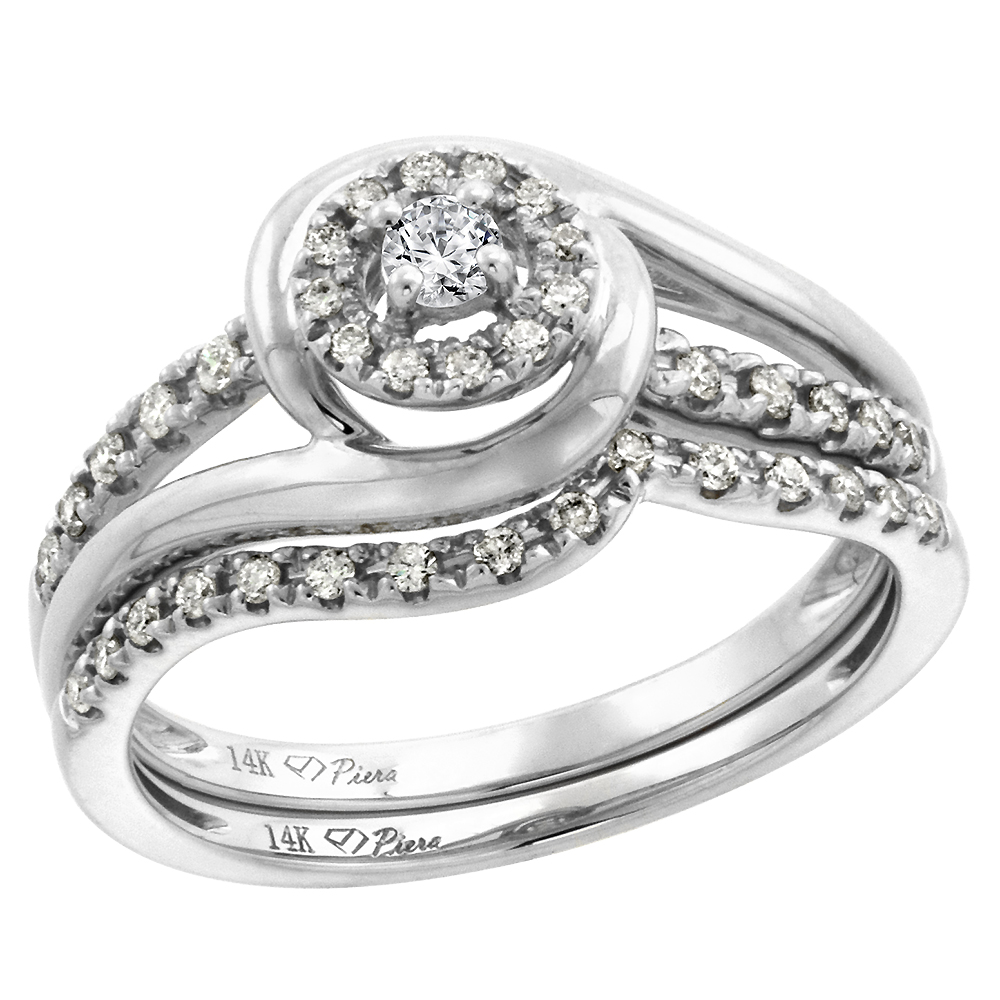 14k White Gold Genuine Diamond &amp; Color Gem Halo Engagement Ring Set 2 Piece Round Brilliant cut, size5-10