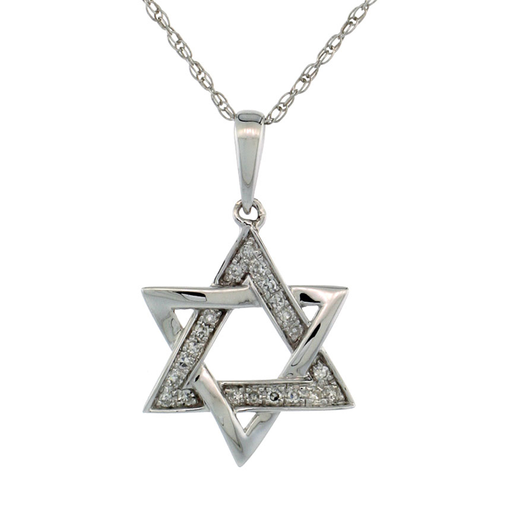 Dainty 14k White Gold Diamond Star of David Necklace for Women 1/2 Inch wide with 18 inch Thin Chain