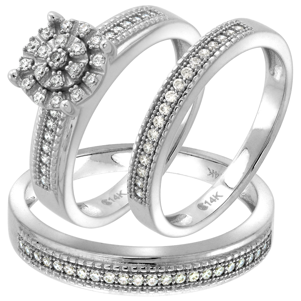 14k White Gold Cubic Zirconia Trio Engagement Wedding Ring Set 3 Piece Halo Pave, size 5-10
