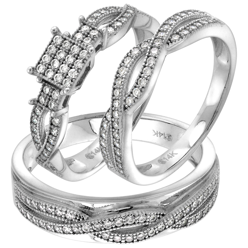 14k White Gold Cubic Zirconia Trio Wedding Ring Set 3 Piece Pave Entwined Design, size 5-10