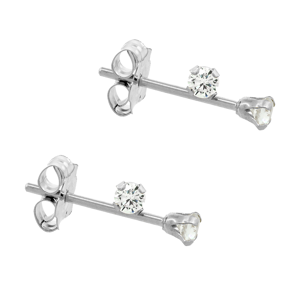 2-Pair Pack 14k White Gold Tiny 2mm Cubic Zirconia Earrings Studs Cartilage Nose 4 prong 0.06 carat/pr