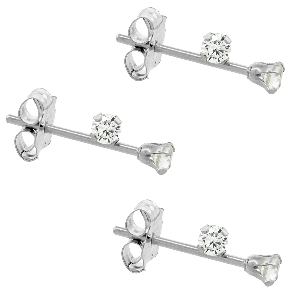 3-Pair Pack 14k White Gold Tiny 2mm Cubic Zirconia Earrings Studs Cartilage Nose 4 prong 0.06 carat/pr