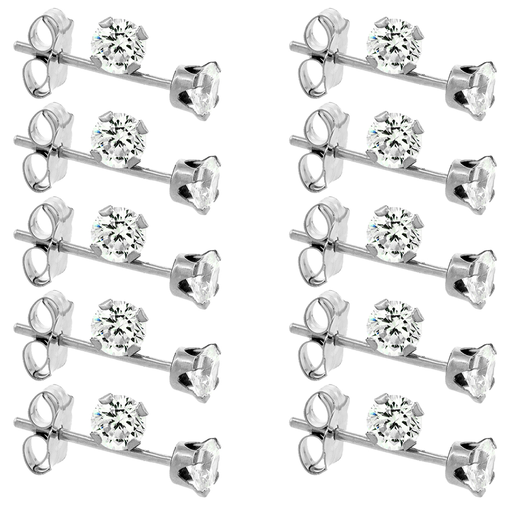 10-Pair Pack 14k White Gold 3mm Cubic Zirconia Earrings Studs Cartilage Nose 4 prong 1/4 carat/pr