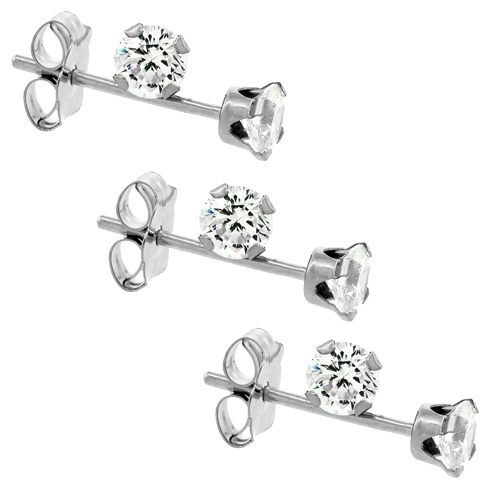 3-Pair Pack 14k White Gold 3mm Cubic Zirconia Earrings Studs Cartilage Nose 4 prong 1/4 carat/pr