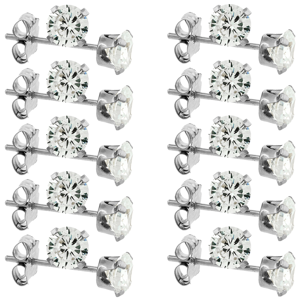 10-Pair Pack 14k White Gold 4mm Cubic Zirconia Earrings Studs Cartilage Nose 4 prong 0.5 carat/pr