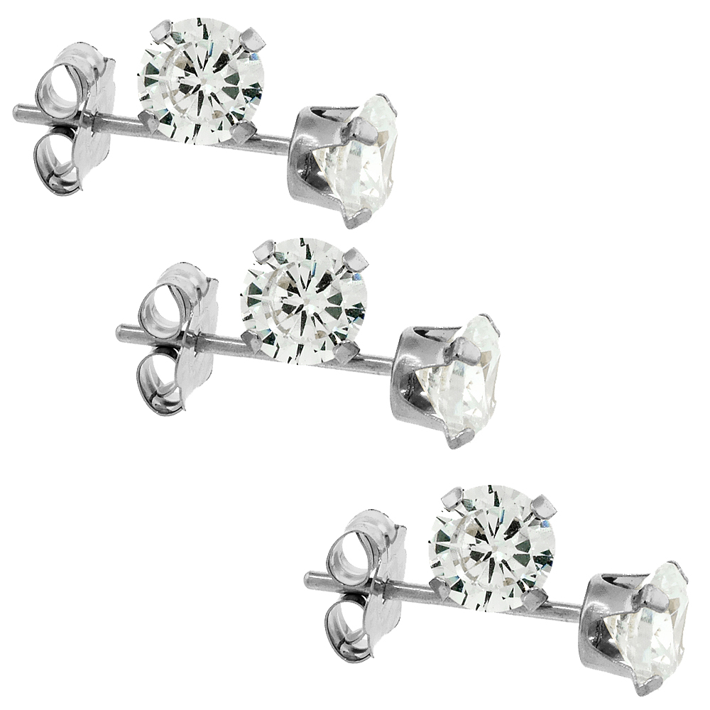 3-PAIR PACK 14K WHITE GOLD 4MM CUBIC ZIRCONIA EARRINGS STUDS CARTILAGE NOSE 4 PRONG 0.5 CARAT/PR
