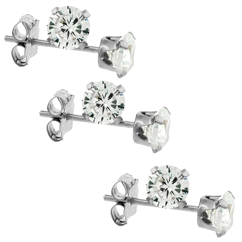 3-Pair Pack 14k White Gold 4mm Cubic Zirconia Earrings Studs Cartilage Nose 4 prong 0.5 carat/pr