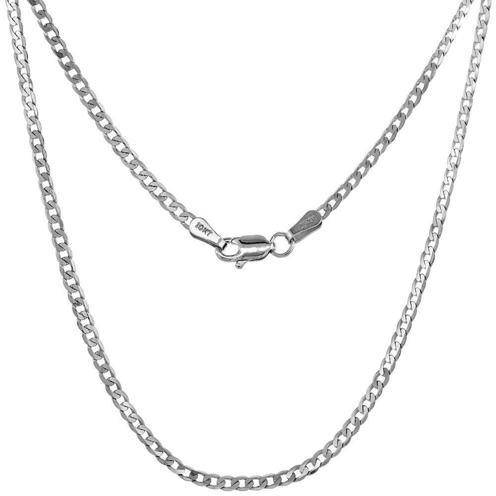 10K White Gold 2.5mm Curb Link Chain Necklaces for Men and Women Concaved Beveled Edges 16-26 inch