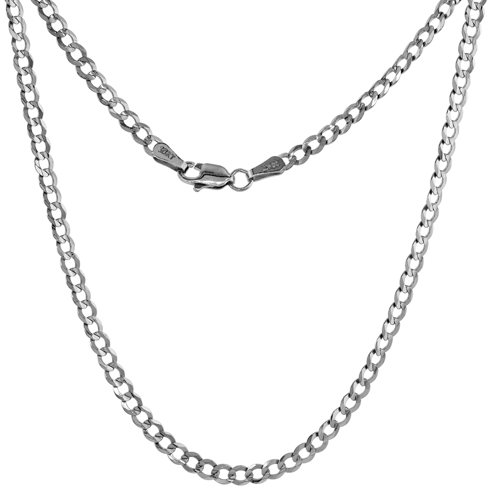 10K White Gold 3mm Curb Link Chain Necklaces &amp; Bracelets for Men and Women Concaved Beveled Edges 7-30 inch
