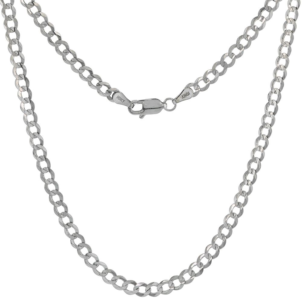 10K WHITE GOLD 4MM CURB LINK CHAIN NECKLACES & BRACELETS FOR MEN AND WOMEN CONCAVED BEVELED EDGES 7-30 INCH