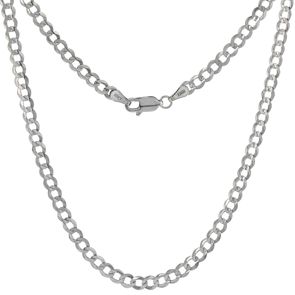 10K White Gold 4mm Curb Link Chain Necklaces & Bracelets for Men and Women Concaved Beveled Edges 7-30 inch