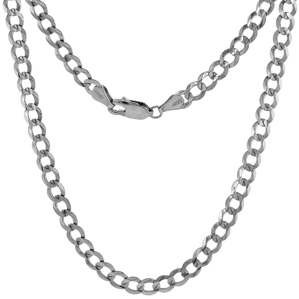 10K White Gold 5mm Curb Link Chain Necklaces &amp; Bracelets for Men and Women Concaved Beveled Edges 7-30 inch