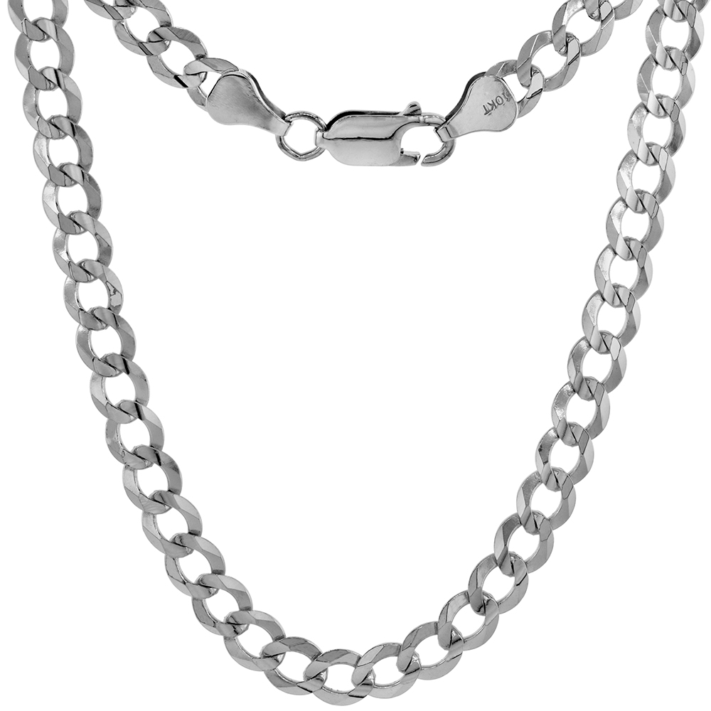 10K White Gold 5.5mm Curb Link Chain Necklaces &amp; Bracelets for Men and Women Concaved Beveled Edges 8-30 inch