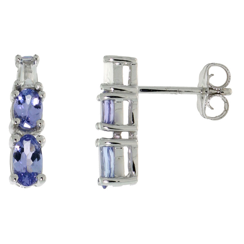 DAINTY 10K WHITE GOLD OVAL TANZANITE STUD EARRINGS BAGUETTE WHITE SAPPHIRE ACCENT 1/2 INCH