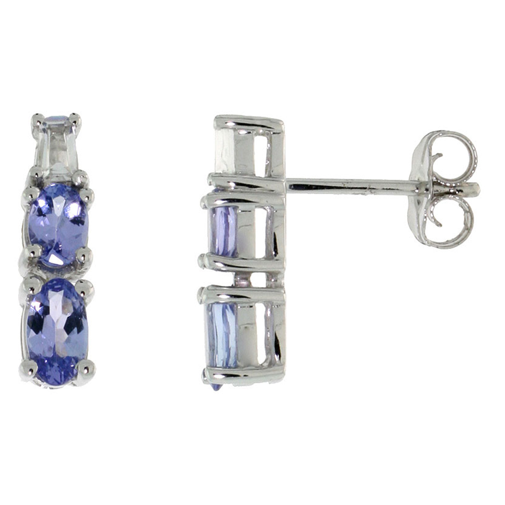 Dainty 10k White Gold Oval Tanzanite Stud Earrings Baguette White Sapphire Accent 1/2 inch