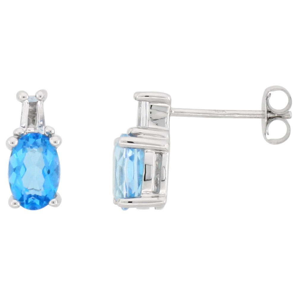 DAINTY 10K WHITE GOLD NATURAL BLUE TOPAZ STUD EARRINGS DECEMBER BIRTHSTONE WHITE TOPAZ ACCENT 3/8 INCH