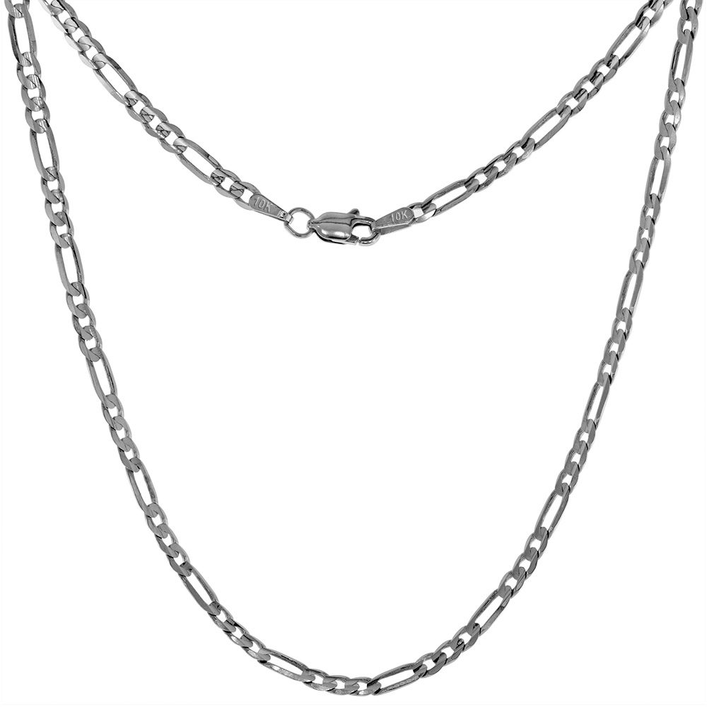 SOLID REAL 10K WHITE GOLD 3MM FIGARO CHAIN NECKLACES & BRACELETS FOR WOMEN & MEN BEVELED EDGES CONCAVED HIGH POLISHED 8-26 INCH