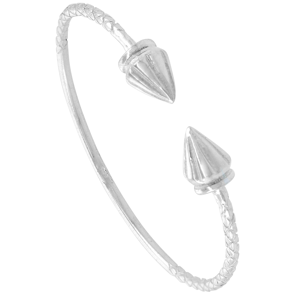 STERLING SILVER WEST INDIES BANGLE BRACELET RIDGED CONE JUNIOR SIZE, 7 INCH