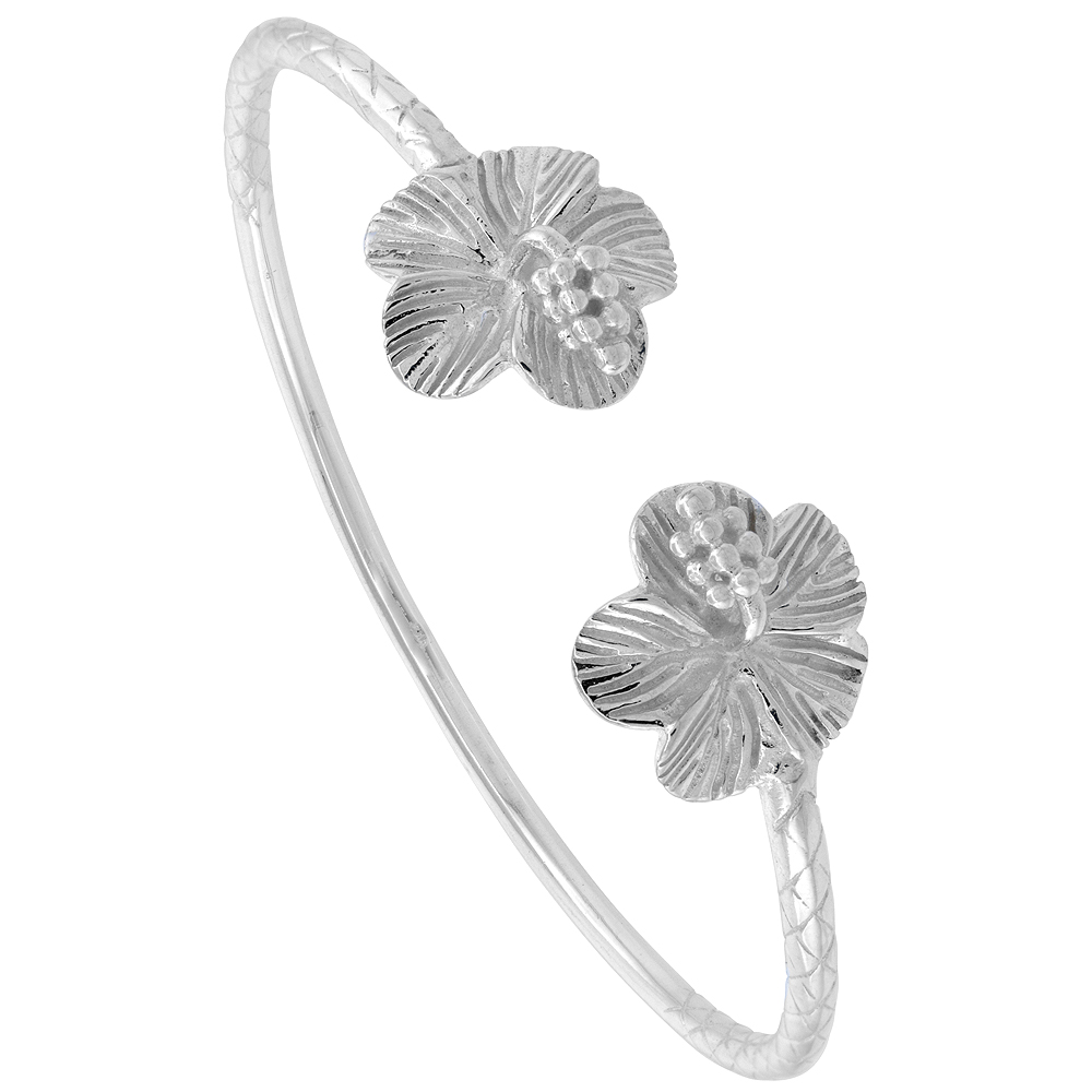 Sterling Silver West Indies Bangle Bracelet Hibiscus Junior Size, 7 inch