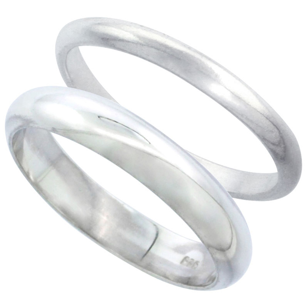 STERLING SILVER HIGH DOME WEDDING BAND RING SET HIS AND HERS 2 MM SIZES 4 - 9.5 + 4 MM-SIZES 4 - 13.5