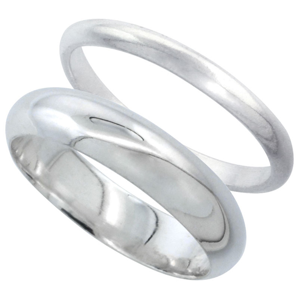 STERLING SILVER HIGH DOME WEDDING BAND RING SET HIS AND HERS 2 MM SIZES 4 - 9.5 + 5 MM-SIZES 4 - 13.5