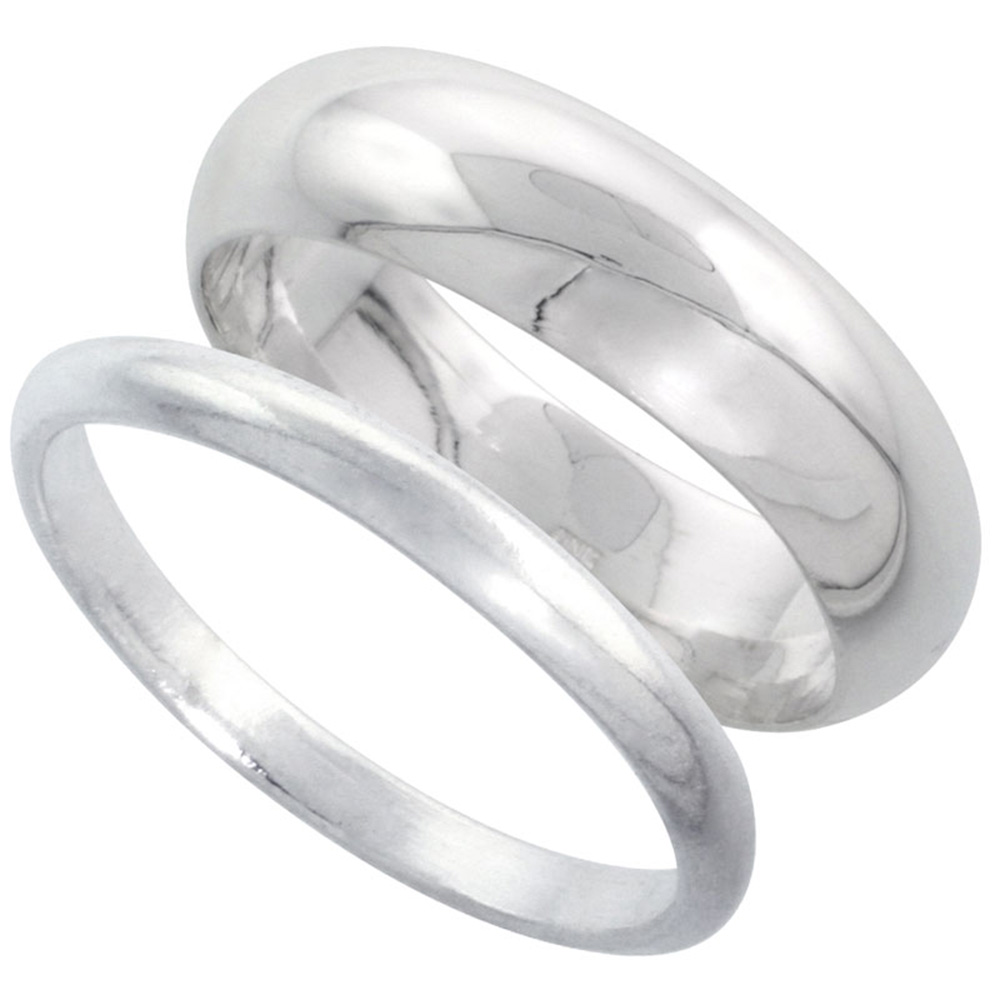 STERLING SILVER HIGH DOME WEDDING BAND RING SET HIS AND HERS 2 MM SIZES 4 - 9.5 + 6 MM-SIZES 4 - 13.5