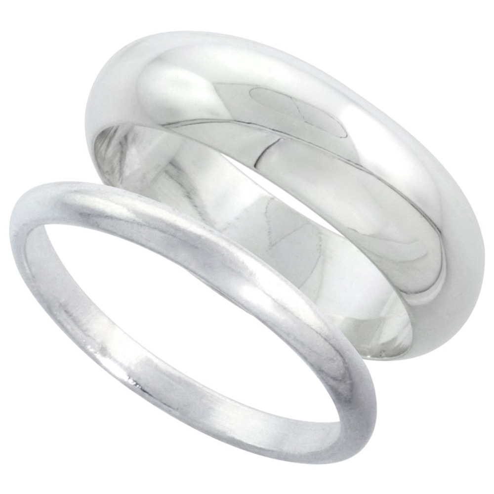 STERLING SILVER HIGH DOME WEDDING BAND RING SET HIS AND HERS 2 MM SIZES 4 - 9.5 + 7 MM-SIZES 4 - 13.5