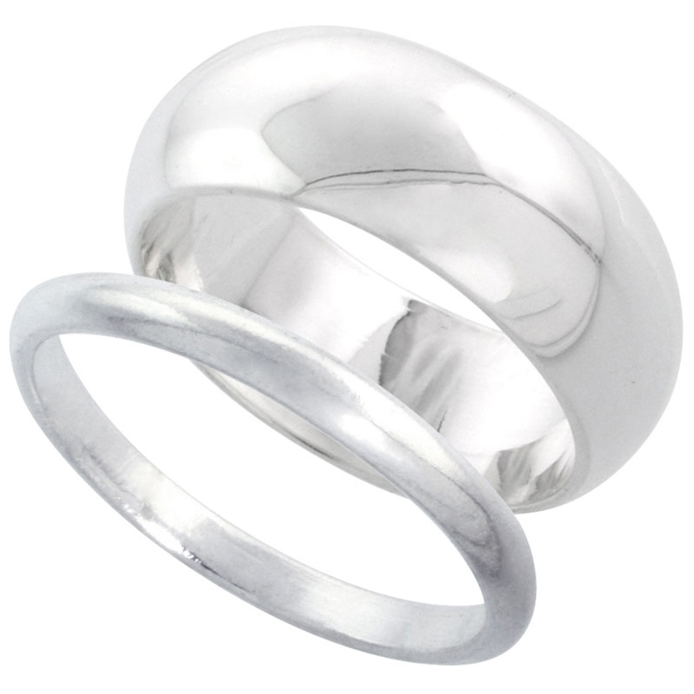 STERLING SILVER HIGH DOME WEDDING BAND RING SET HIS AND HERS 2 MM SIZES 4 - 9.5 + 8 MM-SIZES 4 - 13.5