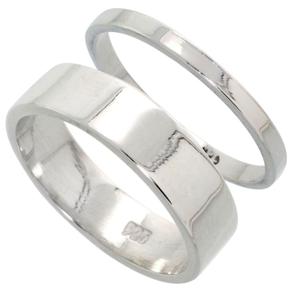 STERLING SILVER FLAT WEDDING BAND RING SET HIS AND HERS 2 MM SIZES 4 - 9.5 + 6 MM-SIZES 4 - 13.5
