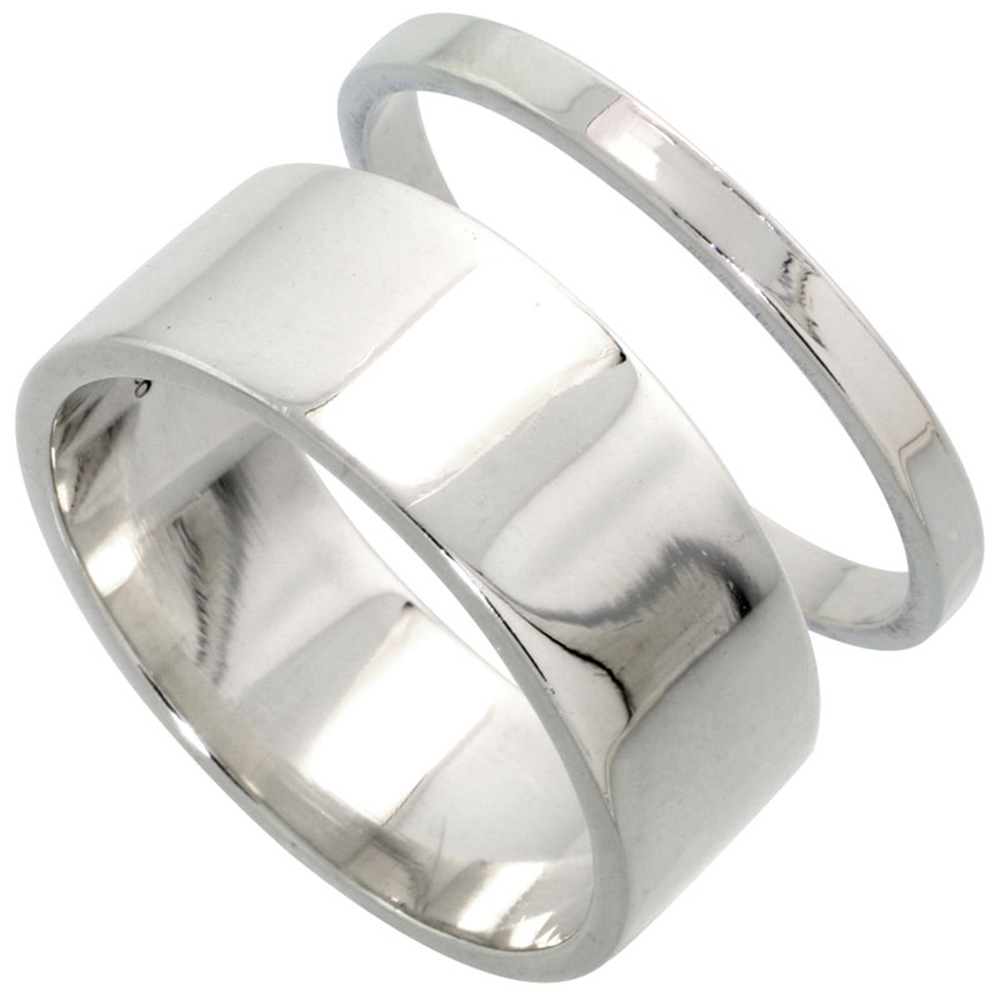 STERLING SILVER FLAT WEDDING BAND RING SET HIS AND HERS 2 MM SIZES 4 - 9.5 + 8 MM-SIZES 4 - 13.5