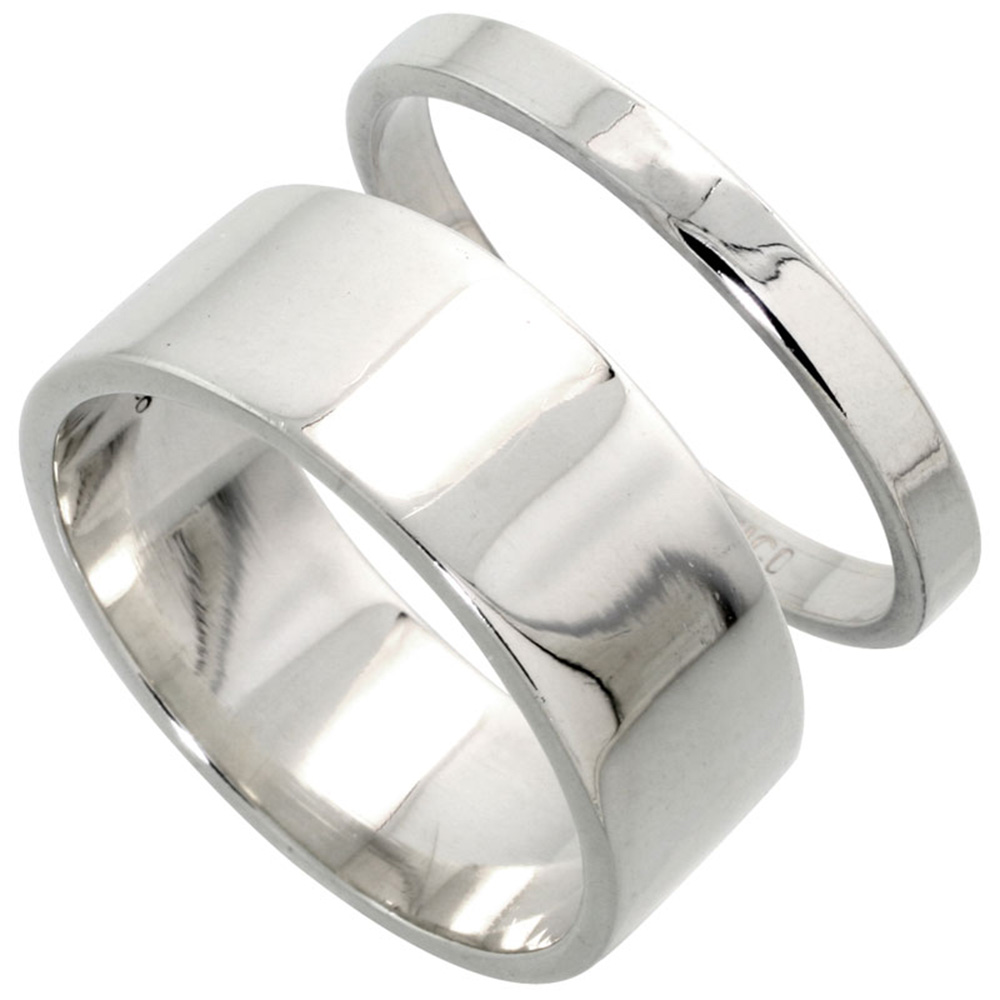 STERLING SILVER FLAT WEDDING BAND RING SET HIS AND HERS 3 MM + 8 MM SIZES 4 TO 13.5