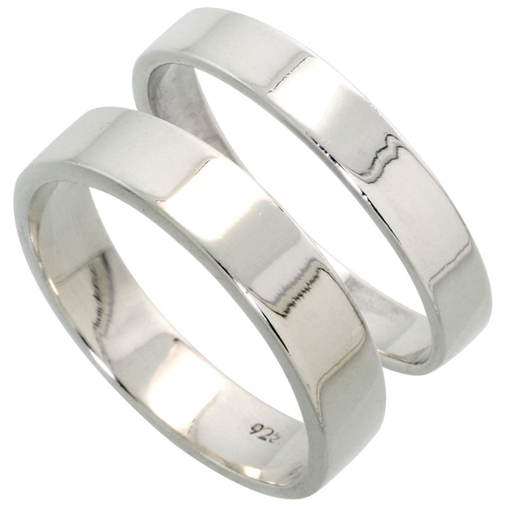 STERLING SILVER FLAT WEDDING BAND RING SET HIS AND HERS 4 MM + 5 MM SIZES 4 TO 13.5