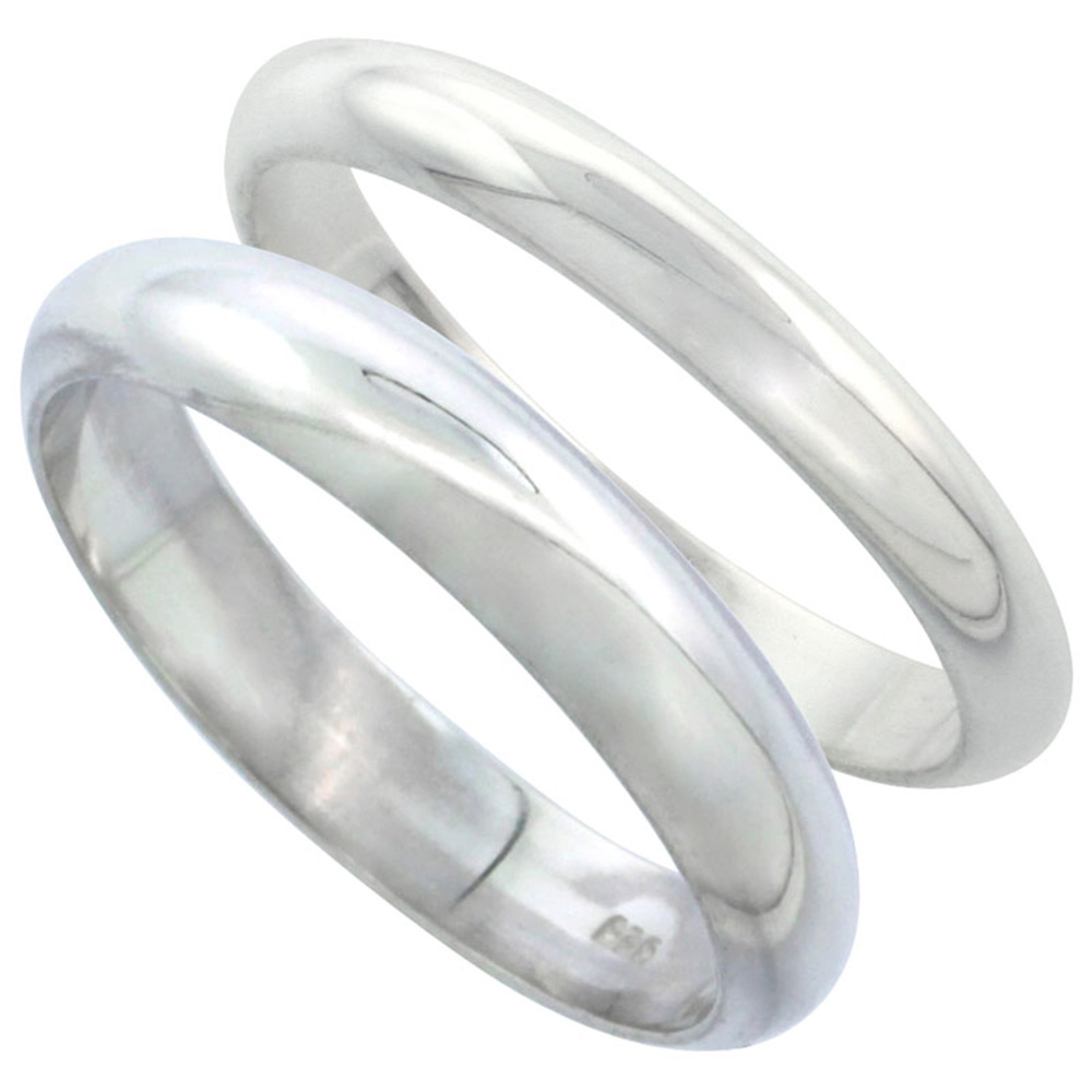 STERLING SILVER HIGH DOME WEDDING BAND RING SET HIS AND HERS 3 MM + 4 MM SIZES 4 TO 13.5