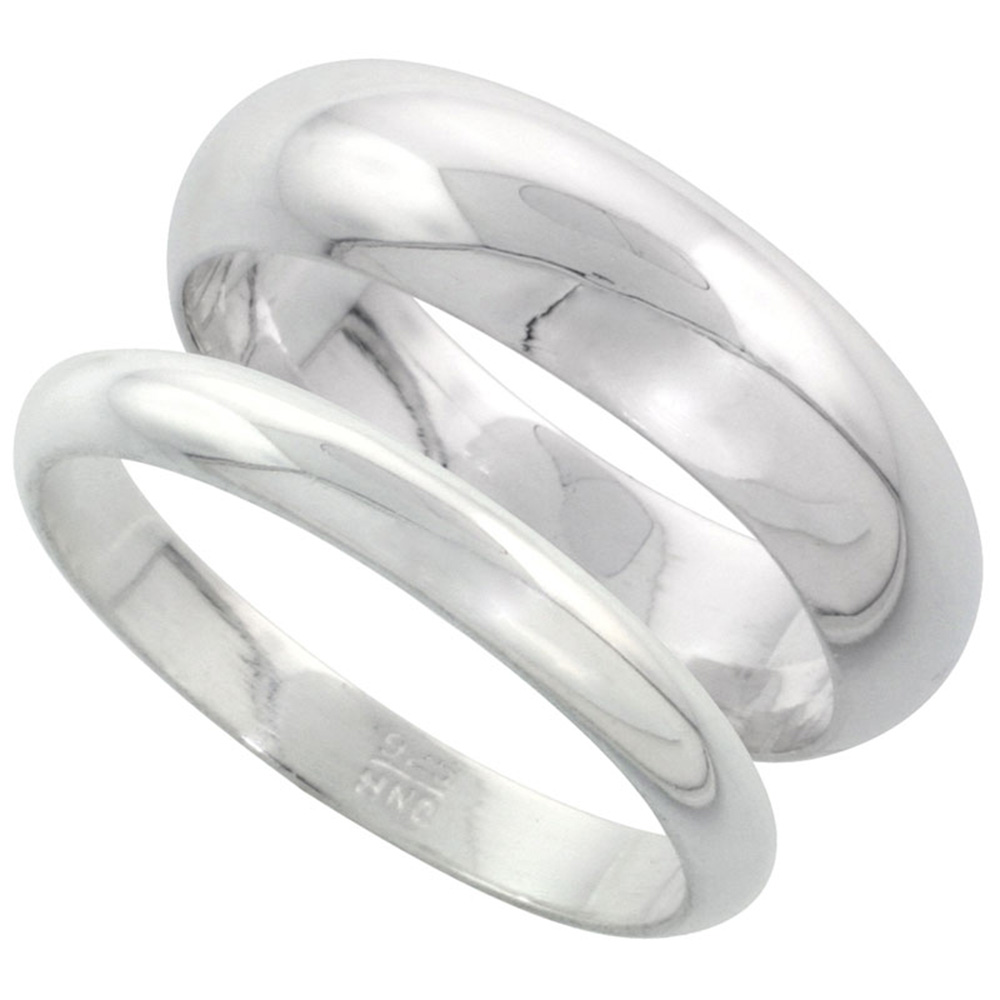 STERLING SILVER HIGH DOME WEDDING BAND RING SET HIS AND HERS 3 MM + 6 MM SIZES 4 TO 13.5