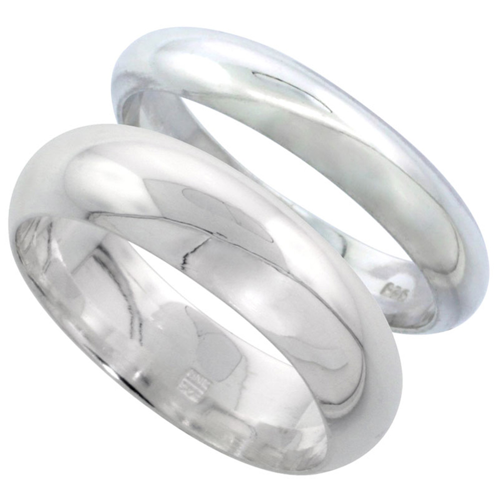 STERLING SILVER HIGH DOME WEDDING BAND RING SET HIS AND HERS 4 MM + 6 MM SIZES 4 TO 13.5