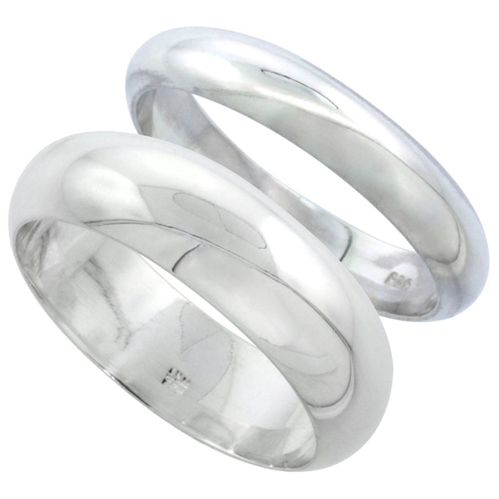 STERLING SILVER HIGH DOME WEDDING BAND RING SET HIS AND HERS 4 MM + 7 MM SIZES 4 TO 13.5