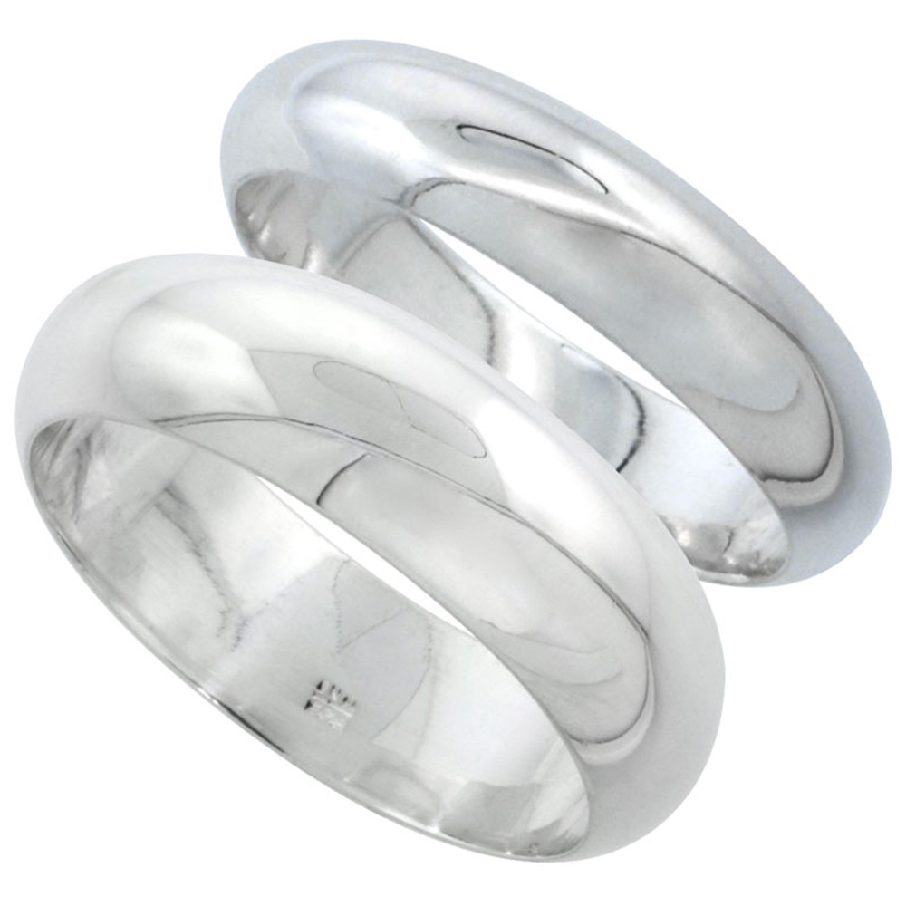 STERLING SILVER HIGH DOME WEDDING BAND RING SET HIS AND HERS 5 MM + 7 MM SIZES 4 TO 13.5