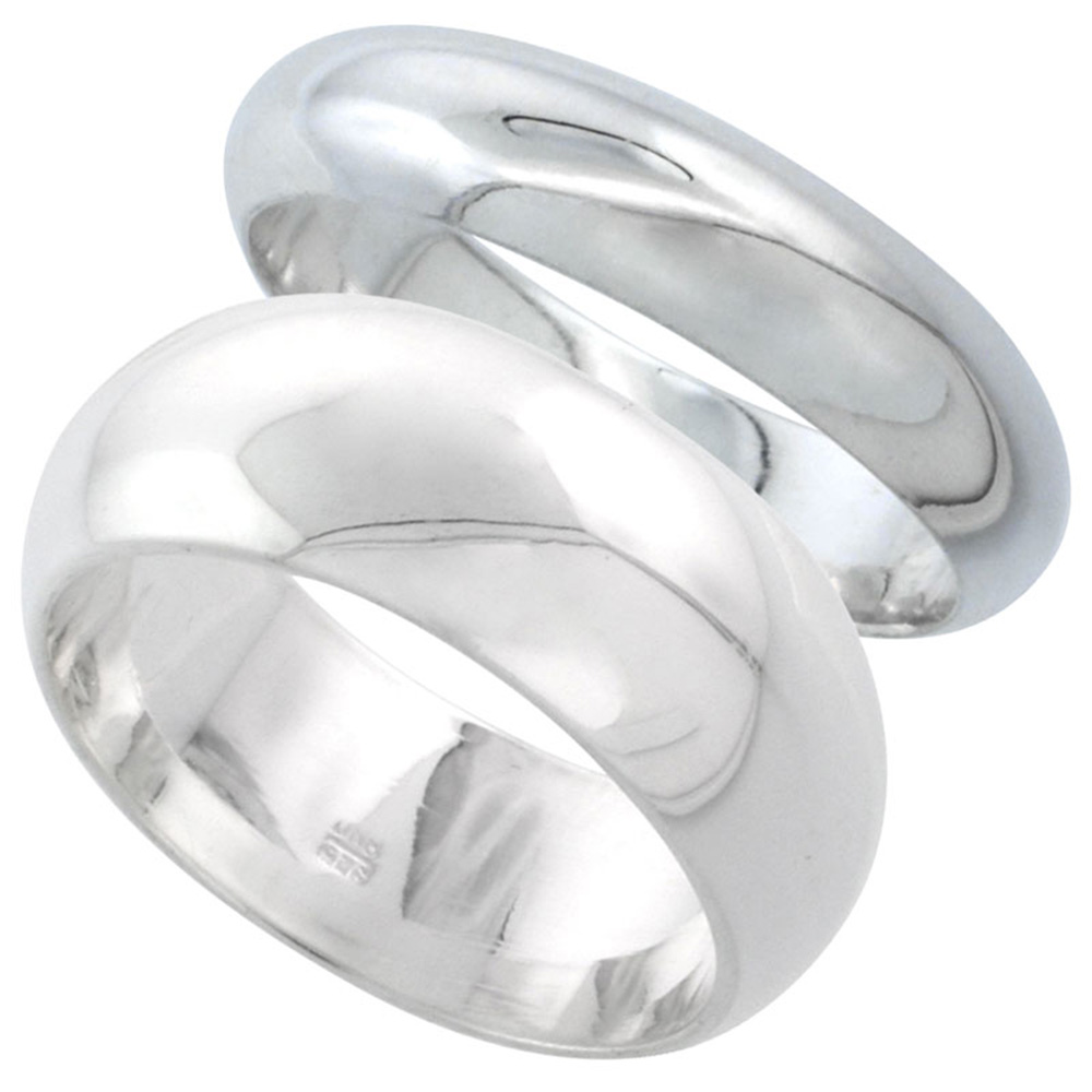 STERLING SILVER HIGH DOME WEDDING BAND RING SET HIS AND HERS 5 MM + 8 MM SIZES 4 TO 13.5