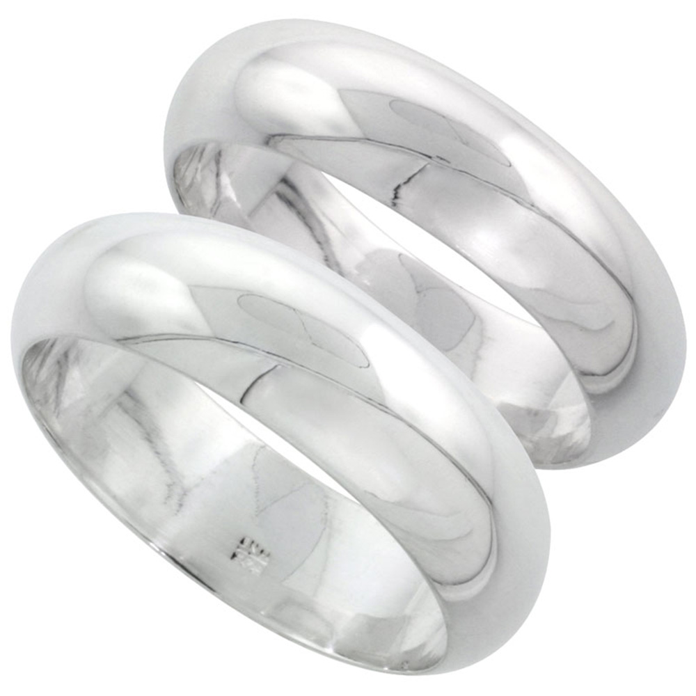 STERLING SILVER HIGH DOME WEDDING BAND RING SET HIS AND HERS 6 MM + 7 MM SIZES 4 TO 13.5