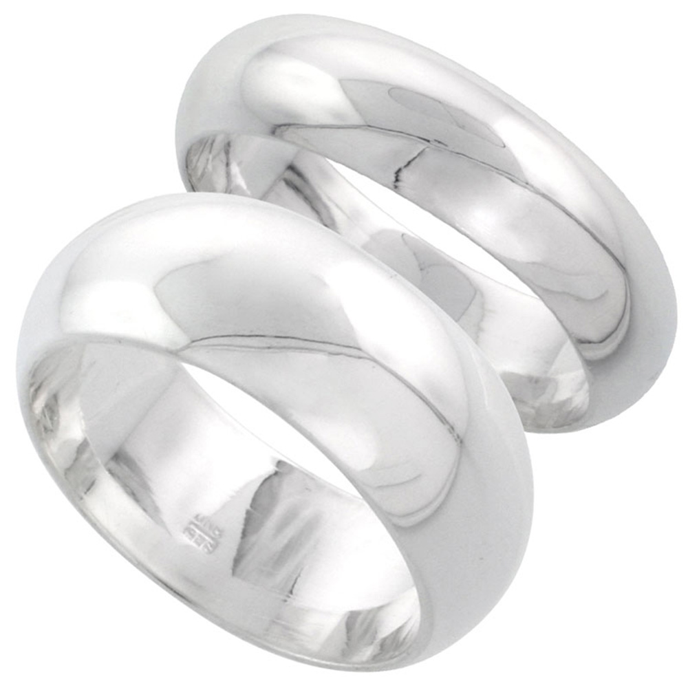 STERLING SILVER HIGH DOME WEDDING BAND RING SET HIS AND HERS 6 MM + 8 MM SIZES 4 TO 13.5